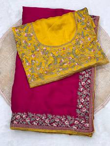 Sari de style indien ethnique pour mariage et festival, en soie Rangoli, brodé, avec Pallu C et travail Zari, broderie Farma, de créateur - Product Image 6
