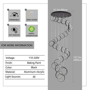 Lampadario Moderno a LED Nero con 30 Anelli, Lampada G9 a 30 Anelli per Soffitti Alti, Illuminazione per Ingresso, Foyer, Grande Scala, con Telecomando - Product Image 2
