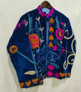 Hand Embroidered <b>Velvet</b> <b>Jacket</b> Mandarin Collar Full Sleeve Floral Pattern Zipper Closure Women's Autumn Coat - Product Image 2