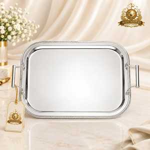 Stainless Steel <b>Mirrored</b> Serving <b>Tray</b> With Silver Handles Rectangular Glass Metal Platter For Coffee Table And Vanity - Product Image 2