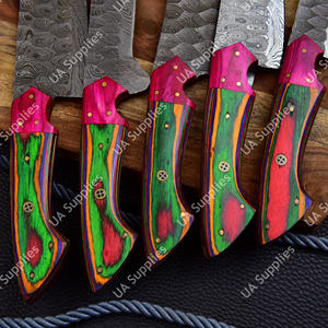 Juego de Cuchillos de Cocina Ultra Afilados de 5 Piezas, Forjados a Mano en Acero de Damasco, Estilo Martillado, Coloridos, Ergonómicos, con Funda de Cuero y Madera - Product Image 3