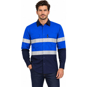 Camisa de Trabajo de Manga Larga para Hombre, Color Azul Marino, con Bloques de Color, Rayas Reflectantes, Bolsillo, Tejido de Poliéster y Algodón, Transpirable, Diseño Sólido - Product Image 2