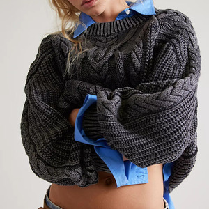 Suéter de punto trenzado gris personalizado para mujer, cuello redondo, manga farol, lana gruesa, tejido a mano, color sólido, informal, holgado, para invierno - Product Image 5