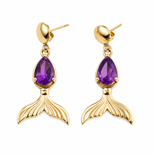 Pendientes de Cola de Sirena con Amatista Natural, Chapados en Oro, con Gema Facetada en Forma de Pera, Joyería Oceánica, Regalo para Mujer - Product Image 1