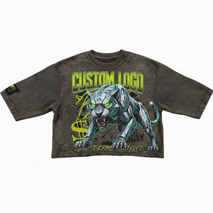 OEM High Quality Acid Washed Bottom Hemming Edge Curl Design DTG Tees Custom <b>Waffle</b> Knit Material Half Sleeve T-<b>shirts</b> for Mens - Product Image 3