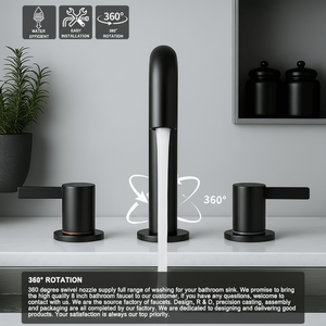 Robinet de lavabo noir mat de 8 pouces à double poignée, design 3 trous avec bec orientable à 360 degrés et siphon escamotable pour lavabo - Product Image 4