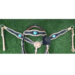 Western Tan <b>Leather</b> Horse Headstall & Breast Collar Set Turquoise & Clear Crystal Conchos SS Fitting - Product Image 2