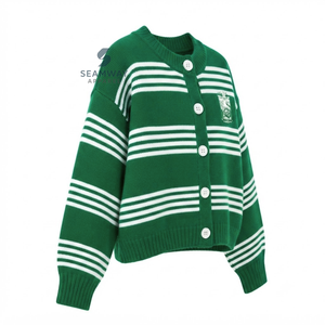 Cardigan en tricot rayé pour femme Iota Phi Lambda Sorority, boutonné, manches longues, col rond, vert et blanc, brodé, pull décontracté - Product Image 2