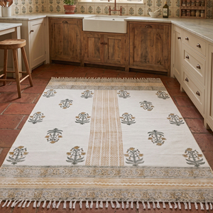 Tapis floral en coton fait main, lavable, imprimé au bloc, tissage plat, style bohème, antidérapant, pour salon, chambre, intérieur - Product Image 4