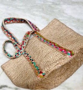 Sac fourre-tout en jute biologique artisanal de qualité supérieure avec poignées en coton renforcées, sac de courses réutilisable écologique - Product Image 2