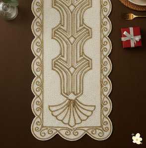 Embroidered Cotton <b>Table</b> <b>Runner</b> Geometric Pattern Classic Style Home Decor Beige <b>Gold</b> - Product Image 1