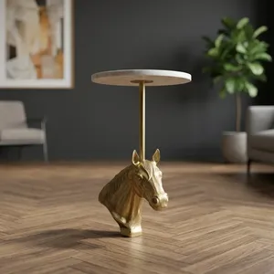 Modern <b>Round</b> Marble Top Side <b>Table</b> with <b>Gold</b> Horse Head Base Decorative Accent Furniture for Living Room - Product Image 3