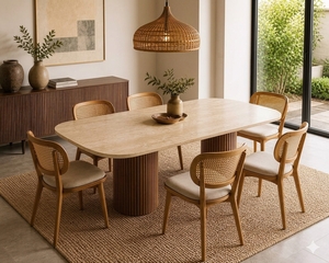 Juego de Comedor Moderno con Mesa Ovalada y Sillas de Ratán, Muebles Minimalistas de Teca para Interiores de Villas, Resorts y Hoteles - Product Image 1