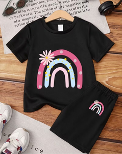 Girls 2-Piece Black Rainbow Print Set Short Sleeve Top With Matching Shorts Summer Outfit - Product Image 1