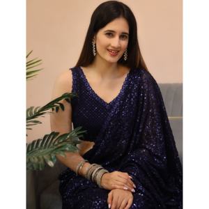 Zeel Ropa Tenting Blush Blue Lentejuelas Georgette Diseñador Saree con blusa sin costuras - Product Image 3