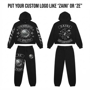 Ensemble de survêtement pour homme en molleton de coton et polyester 320 GSM, noir, avec impression argentée du logo personnalisé, sweat à capuche et pantalon de jogging, deux pièces - Product Image 1