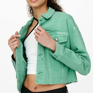 Fashion Green <b>Cropped</b> <b>Denim</b> <b>Jacket</b> for Women Custom Logo Long Sleeve Jean Coat Manufacturer Supply - Product Image 6