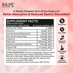 ยาเม็ดธาตุเหล็ก โฟลิก แอซิด ซีลีเนียม สำหรับผู้ใหญ่ ยี่ห้อ INLIFE ได้รับการรับรองมาตรฐาน GMP สำหรับผู้ชายและผู้หญิง พร้อมวิตามินซี อี บี12 ซิงค์ และบรรจุ 60 เม็ด - Product Image 4