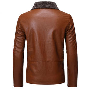 Men's Brown PU Leather <b>Jacket</b> With Faux Fur Collar Zipper Closure Windproof <b>Winter</b> Moto Style Slim Fit - Product Image 2