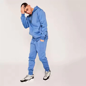 Ensemble de survêtement bleu à capuche pour homme, pantalon de survêtement long avec poches latérales, tenue décontractée d'automne, 100% coton respirant, coupe régulière - Product Image 1
