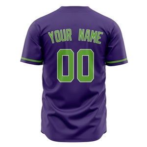 Camiseta de béisbol morada personalizada con ribete verde, estampado sublimado, nombre del equipo 00, camisa de manga corta con botones para hombres adultos - Product Image 2