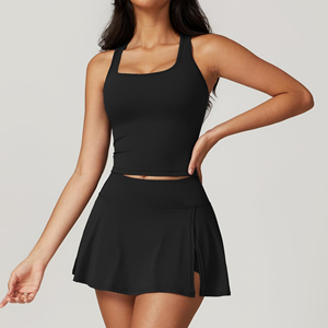 Ensemble jupe de tennis sans couture pour femme, couleur unie, séchage rapide, respirant, tenue de golf et pickleball, sans manches, avec patchs en strass - Product Image 4