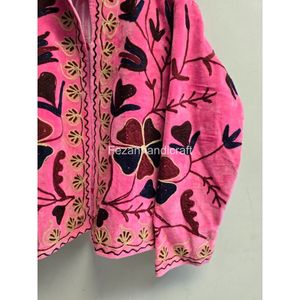 Veste en molleton à col mandarin brodée de fleurs en velours rose, manches longues, vêtements d'hiver pour femmes, manteau - Product Image 3