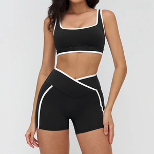 OEM Women's Summer Sports <b>Yoga</b> Suit <b>Set</b> Front Logo Breathable Solid Color Elastic Waist Hip Tie Dye Quick Drying Short Tops - Product Image 3