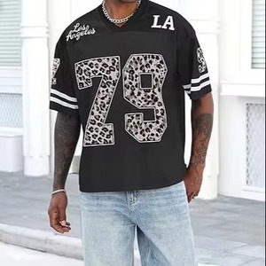 Custom Mesh Jersey Oversized Streetwear Shirt Leopard Print Number 79 Graphic <b>Hip</b> Hop Fashion Los Angeles V-Neck Short Top - Product Image 1