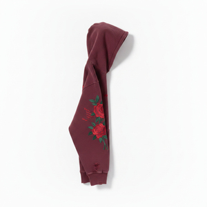 Sudadera con capucha para hombre, color borgoña, con bordado floral de rosas, estilo desgastado, informal, con bolsillos, para otoño. - Product Image 3