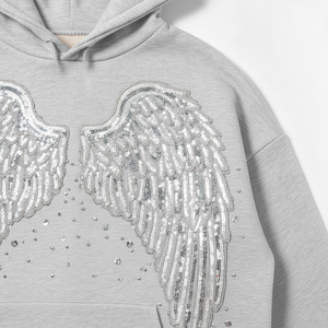 Custom Oversized Light Gray Sequin Angel Wings Hoodie Y2K Streetwear <b>Pullover</b> Sweatshirt - Product Image 3