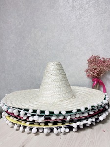 Large Cowboy <b>Straw</b> <b>Hat</b> with White Pom Poms Adjustable Striped Design for Sports & Outdoor Use Seagrass Material Unisex Adult <b>Hat</b> - Product Image 1