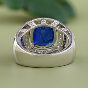 Cushion Cut Blue Sapphire CZ <b>Ring</b> 14K White <b>Gold</b> Pave Halo Lab Diamond Accents Wide Band Statement Anniversary <b>Cocktail</b> Jewelry - Product Image 3