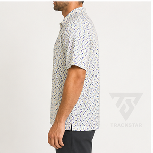 Polo pour homme Trackstar, blanc, imprimé géométrique multicolore, manches courtes, col boutonné, chemise de golf décontractée, logo personnalisé - Product Image 2