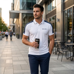 Polo de golf personnalisé pour homme, blanc et bleu marine, en piqué de polyester anti-humidité, uniforme d'entreprise, vêtements de performance OEM ODM - Product Image 4