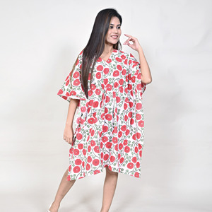 Vestido Kaftán de Algodón con Estampado Floral para Mujer, Cuello en V, Corte Holgado, Sin Mangas, Estilo Vintage con Plumas, Transpirable, para Playa o Invierno - Product Image 4