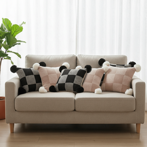 SOGA 6-Piece Cozy Checkerboard Knit Pillowcase Set Modern Black Gray Gingham Pom Poms Comfortable Seat <b>Cushions</b> Pillow <b>Covers</b> - Product Image 3