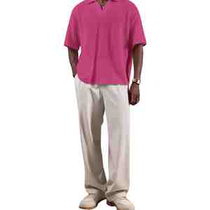Custom Embroidery Plus Size Men's Pink Waffle Knit Short Sleeve <b>Polo</b> <b>Shirt</b> Casual Solid Color Loose Fit Street Wear Texture <b>Polo</b> - Product Image 5
