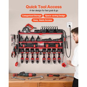 Organizzatore per Utensili a 4 Livelli con 8 Supporti, Stazione di Ricarica per Attrezzi Elettrici, Organizzatore da Parete per Garage con Pannello Forato Laterale - Product Image 2