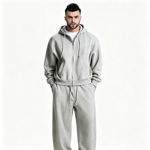 Conjunto Deportivo Informal Premium Moderno en Gris Claro, Holgado y Transpirable, con Sudadera con Cremallera Completa y Pantalones Deportivos Anchos con Cordón Ajustable, Dos Piezas - Product Image 5