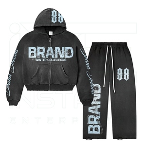 Ensemble de survêtement streetwear d'hiver pour homme : sweat à capuche zippé et pantalon de survêtement évasé avec logo de marque imprimé, coupe ample longue - Product Image 4