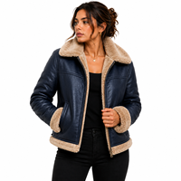 Blouson aviateur en cuir véritable pour femme avec garniture en fourrure, fermeture éclair, manteau chaud d'hiver