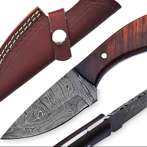 Cuchillo Skinner de Acero de Damasco Hecho a Mano, Hoja Fija de Espiga Completa, Mango de Madera, Funda de Cuero, para Supervivencia al Aire Libre y Camping, 8 Pulgadas, 3 Años de Garantía - Product Image 1
