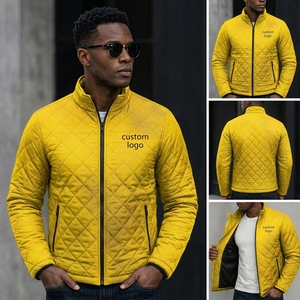 Men's Yellow Quilted <b>Jacket</b> Stand Collar Zipper Closure Casual Autumn Wear Windproof Polyester Wadding Slim Fit - Product Image 5