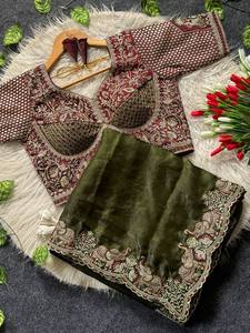 Conjunto de Saree de Satén Bordado de Diseño para Mujer con Patrón de Elefantes y Blusa de Moda Cosida - Product Image 1