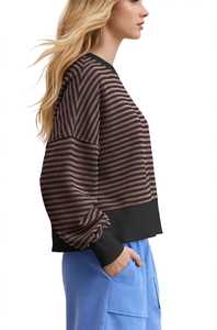 Sweat-shirt rayé à col rond pour femme, pull décontracté à épaules tombantes, haut à manches longues - Product Image 3