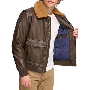 Blouson aviateur en cuir véritable marron pour homme, chaud pour l'hiver, avec col en fourrure sherpa et fermeture éclair - Product Image 6