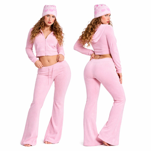 Women Pink Waffle <b>Knit</b> Tracksuit 2 Piece <b>Set</b> Crop Zip Hoodie & High Waist Flare Pants Casual Lounge Co Ord <b>Set</b> - Product Image 1