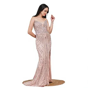 Robe de soirée sirène élégante personnalisée, ornée de paillettes rose poudré, avec décolleté cœur et fente haute, idéale pour le bal de promo, vente en gros - Product Image 5