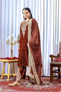 Women's Viscose Velvet Woven Embroidered Long <b>Top</b> Kurta Palazzo Set <b>Sequin</b> Beaded Dupatta Heavyweight Party Wear - Product Image 2